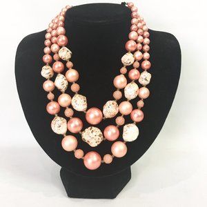 Vintage Peach Triple Strand Beaded Necklace Japan